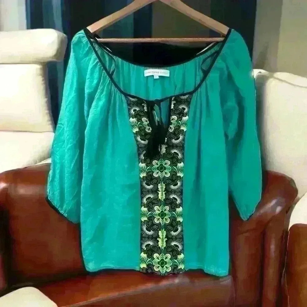 Christophe Sauvat Teal Embroidered‎ Off the Shoulder Embroidered Blouse size XS